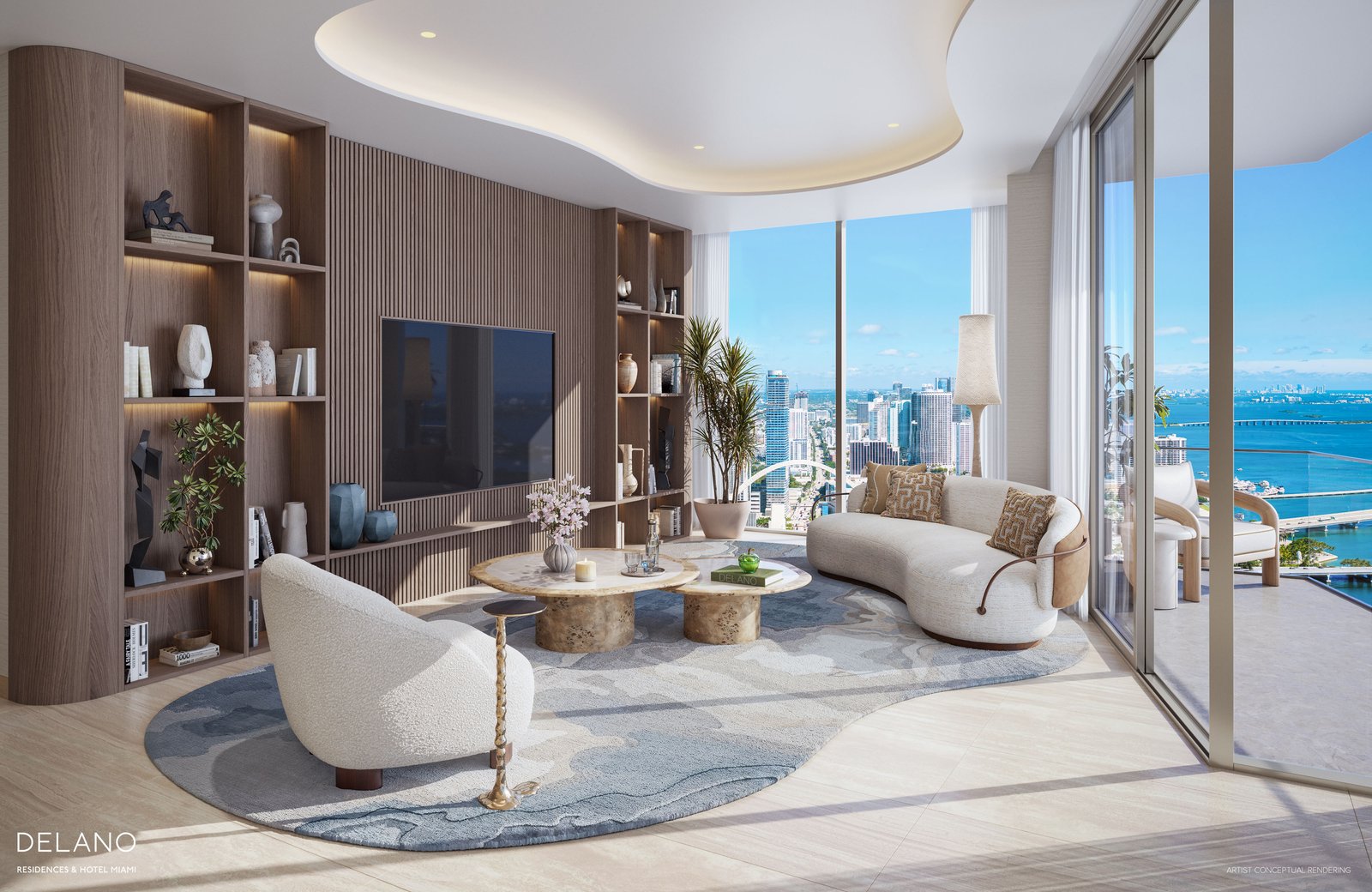 Delano Residences — great room with panoramic bay and city views