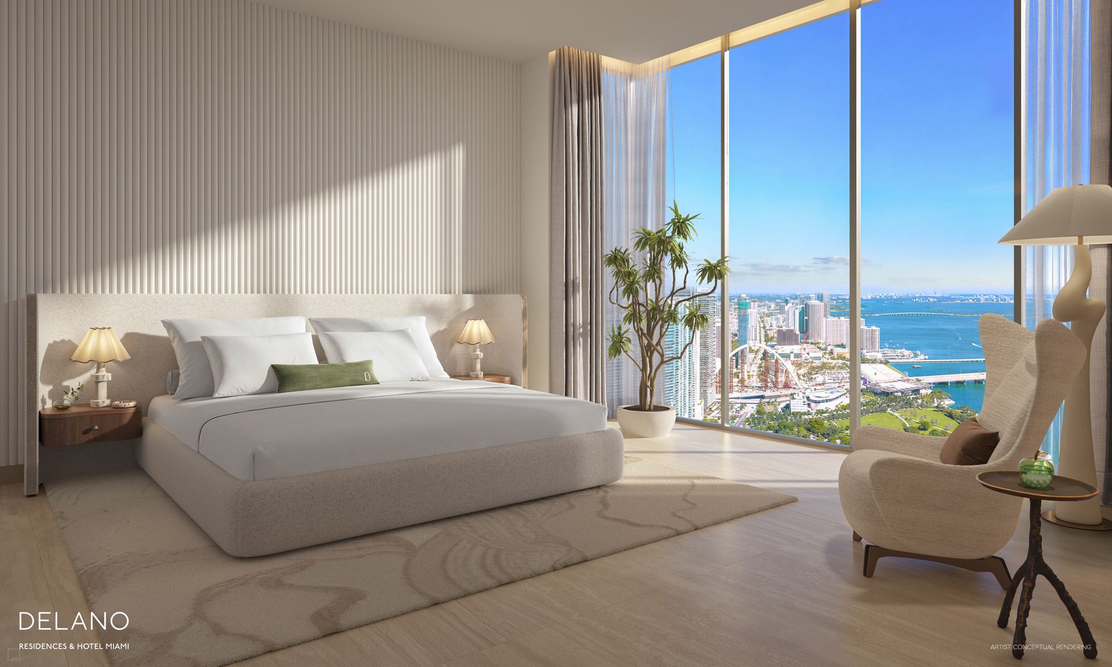 Delano Residences — primary bedroom with floor-to-ceiling bay views from the upper tower