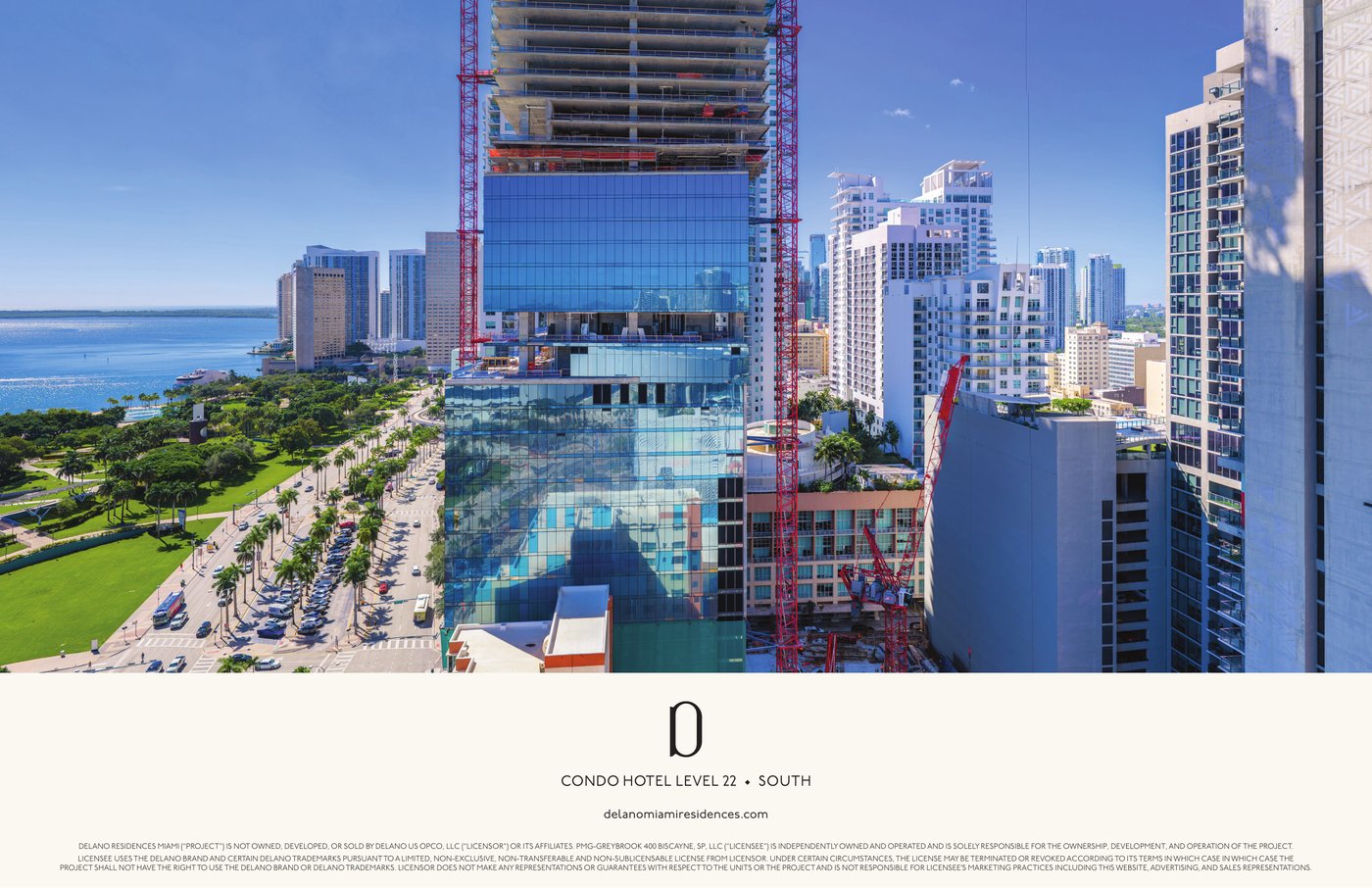 Simulated view from Delano Residences level 22 looking south toward Brickell Key and South Bay