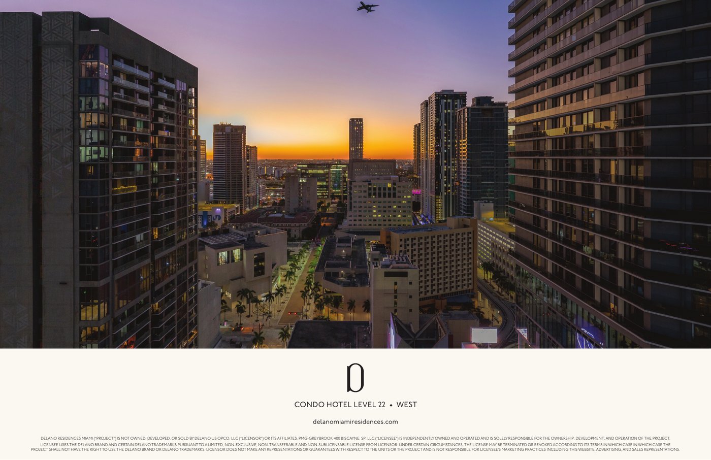 Simulated view from Delano Residences level 22 looking west toward Brickell and downtown Miami