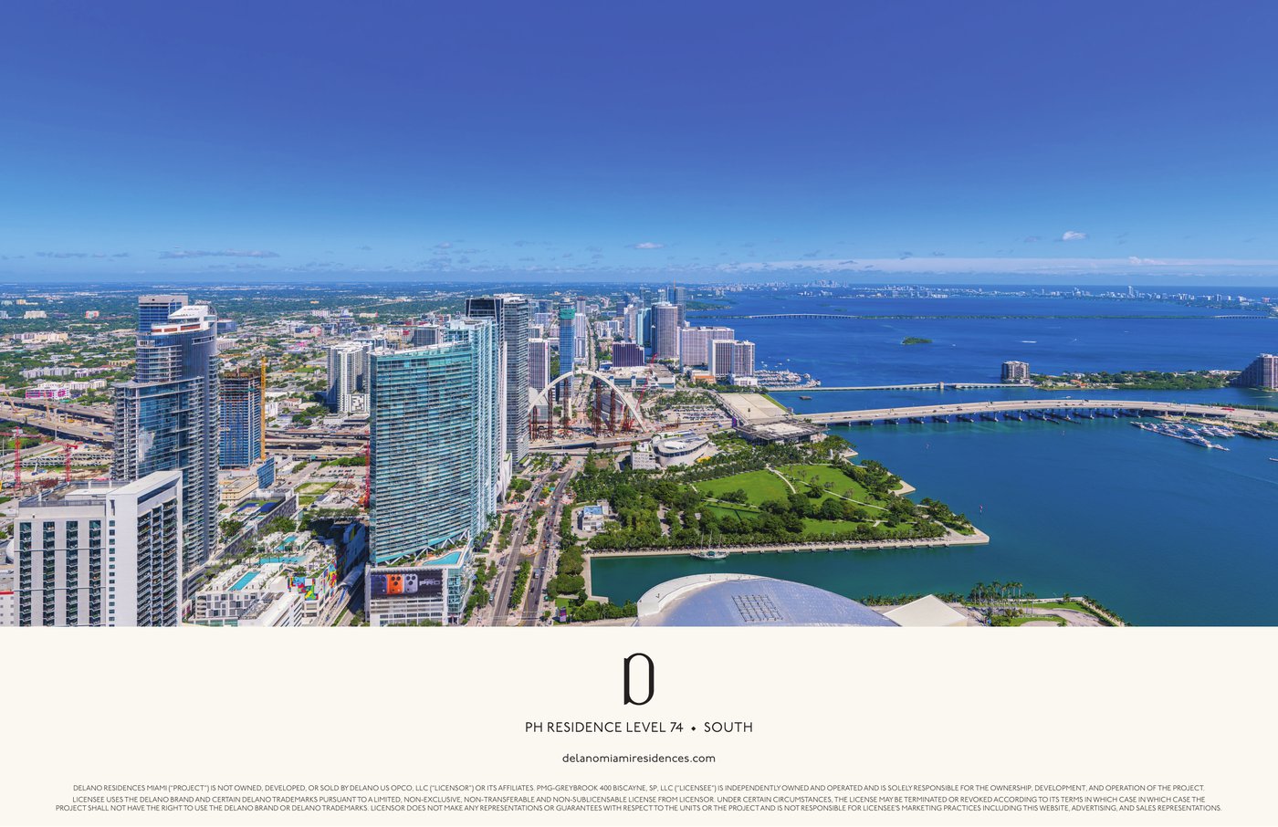 Simulated view from Delano Residences level 74 looking north — upper Biscayne Bay and the South Florida coast toward Broward County