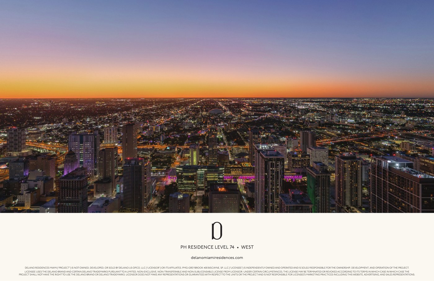 Simulated view from Delano Residences level 74 looking west — expansive view over Miami and toward the Everglades